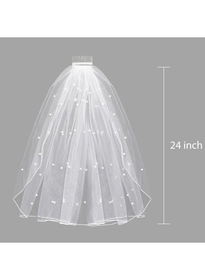 IKUHRMO Pearls Wedding Veil, Elegant Tulle Bridal Veil with Comb, Bridal Accessory for Wedding Day or Bachelorette Party - Image 2
