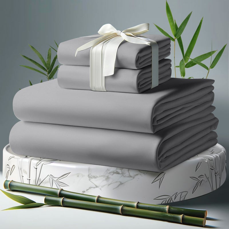 DECOLURE 100% Organic Viscose Derived from Bamboo Sheets Twin Size 4pcs - Ultra Soft & Luxuriously Cooling  17"" Deep Pocket  Double Stitching  Perfect for Hot Sleepers - Twin Bed Sheets (Midgrey) - Image 1