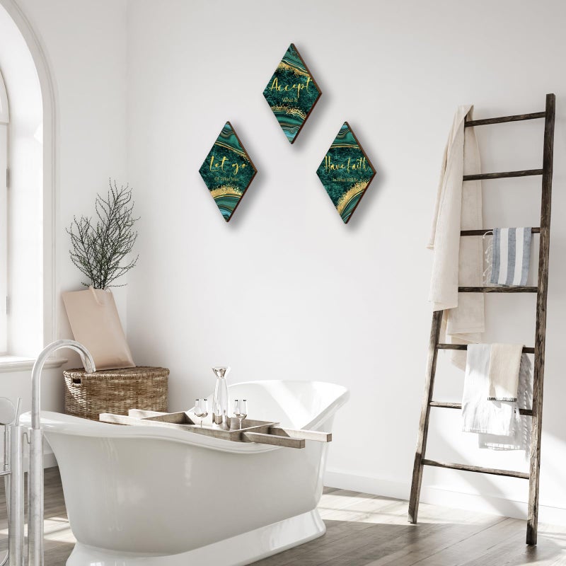 ONIZHITY 3Pcs Green Gold Bathroom Decor Green Gold Wall Decor with Accept Let Go Have Faith Quote Rustic Vintage Farmhouse Wooden Hanging Signs for Home Laundry Living Room Bedroom(Green Gold 12x7) - Image 3