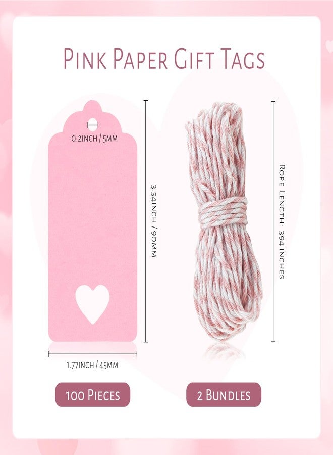 GAUENEEN 100 Pcs Pink Gift Tags Hollow Heart, 3.54 × 1.77 Inches Kraft Paper Tags with String for Mother's Day Valentine's Day Wedding Presents Craft - Image 2