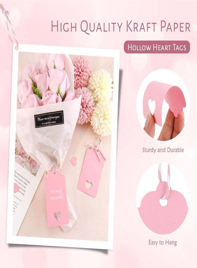 GAUENEEN 100 Pcs Pink Gift Tags Hollow Heart, 3.54 × 1.77 Inches Kraft Paper Tags with String for Mother's Day Valentine's Day Wedding Presents Craft - Image 3