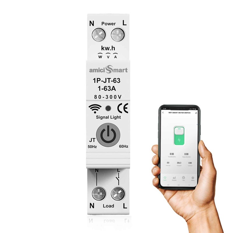 amiciSmart WiFi Energy Meter with Timer Switch | Over/Under Voltage and Over Current Protection Device with Over Temperature Protection, Single Phase, 220VAC - Image 1
