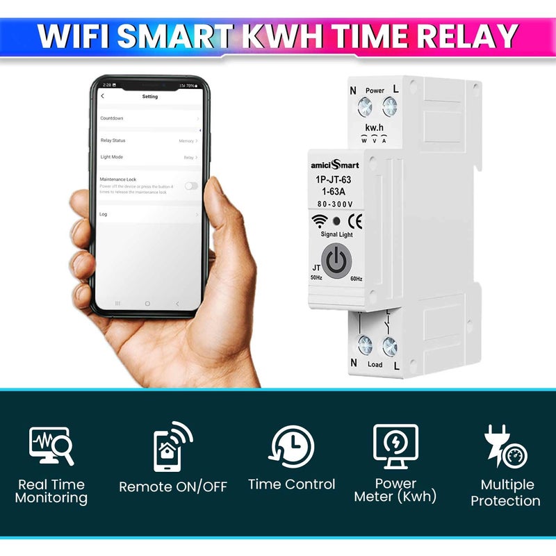 amiciSmart WiFi Energy Meter with Timer Switch | Over/Under Voltage and Over Current Protection Device with Over Temperature Protection, Single Phase, 220VAC - Image 3