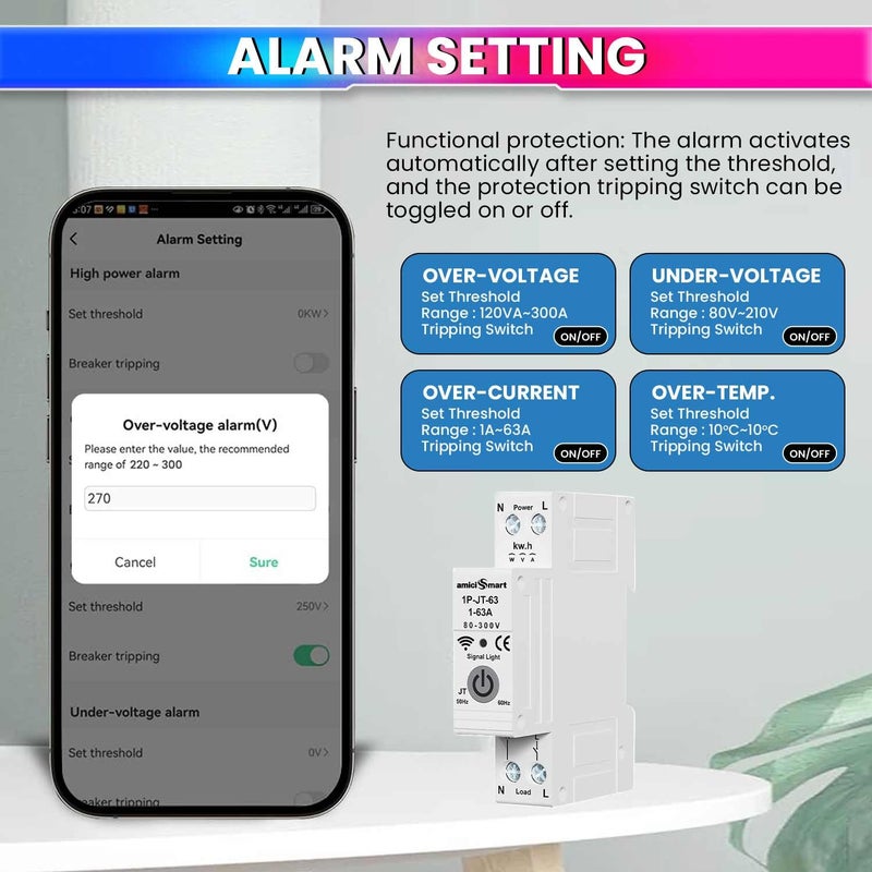 amiciSmart WiFi Energy Meter with Timer Switch | Over/Under Voltage and Over Current Protection Device with Over Temperature Protection, Single Phase, 220VAC - Image 4
