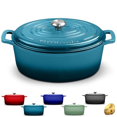 ROSSALLINI Signature Enameled Cast Iron Oval Dutch Oven | Non-Stick Serving Pot with Tight Fitting Lid for Perfect Roasting, Baking, Sauteing, and Bread Making | 15.5Q [Ocean Blue] - Image 1