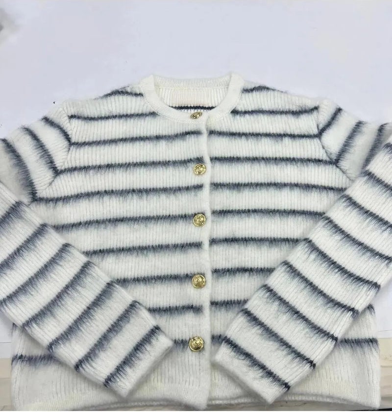 Winter Club Women's Crew Neck Black Striped and Furry Gold Buttoned Knitwear Cardigan  - Image 3
