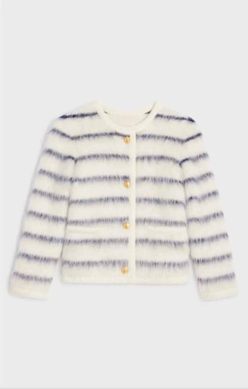 Winter Club Women's Crew Neck Black Striped and Furry Gold Buttoned Knitwear Cardigan  - Image 1