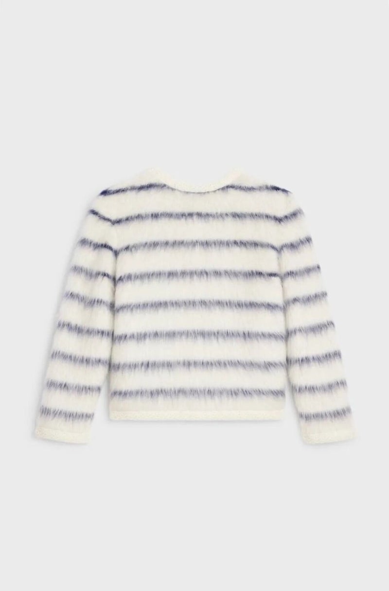 Winter Club Women's Crew Neck Black Striped and Furry Gold Buttoned Knitwear Cardigan  - Image 2