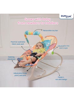 Bumtum BUMTUM Baby Rocker with Bouncer Swing, Multi-Position Reclining, with Calming Music, Vibrations, Safety Harness Musical Toy-Orange  - Image 4