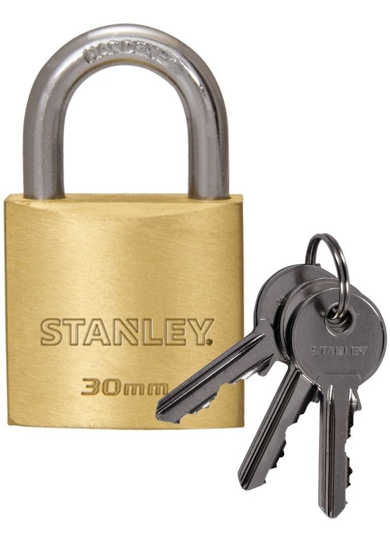 Stanley - Stanley Padlock Brass 30mm Standard Shackle with 3 Keys Included - Image 1