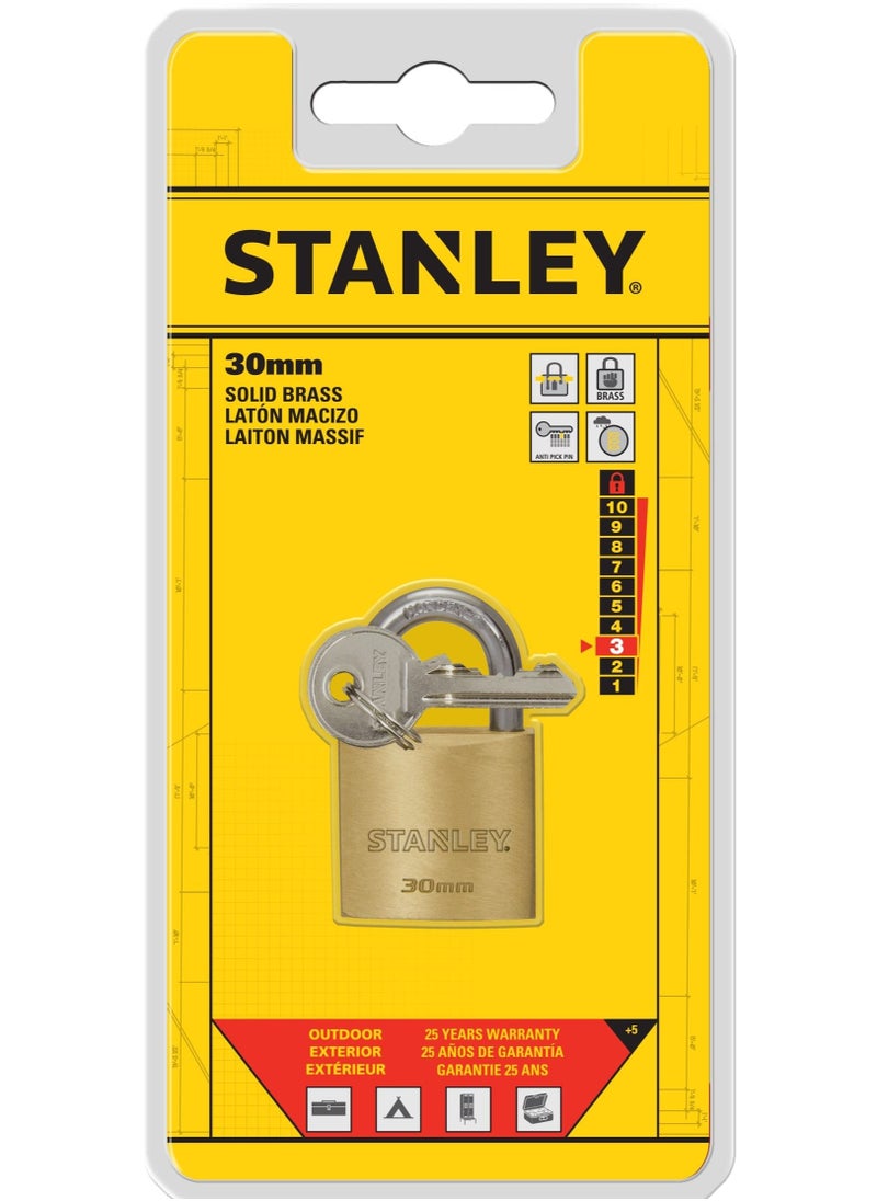 Stanley - Stanley Padlock Brass 30mm Standard Shackle with 3 Keys Included - Image 1
