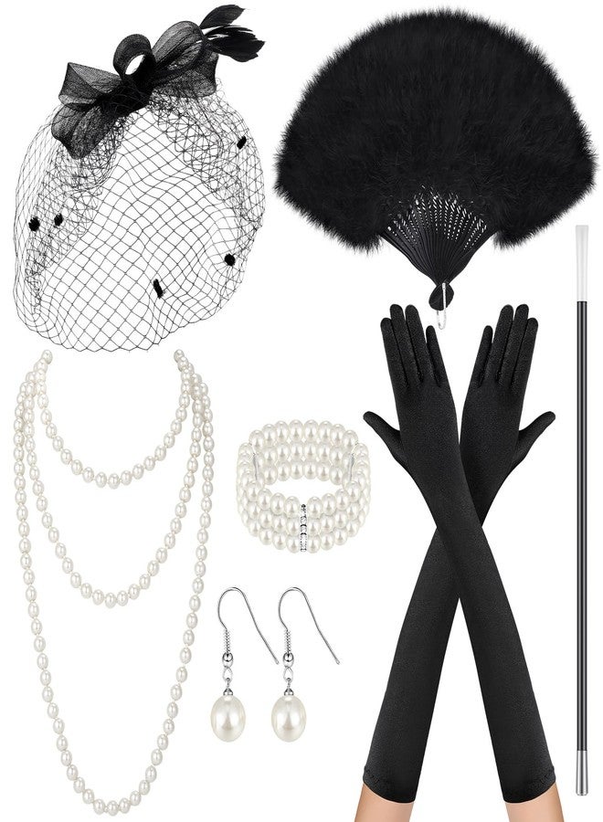 Xaatren Halloween Headdress Veil Feather Hat Fan Satin Glove Pearl Bracelet Earring Necklace Rod Women Party Wedding, As the Pictures Shown, One size - Image 1