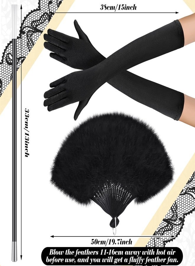 Xaatren Halloween Headdress Veil Feather Hat Fan Satin Glove Pearl Bracelet Earring Necklace Rod Women Party Wedding, As the Pictures Shown, One size - Image 3