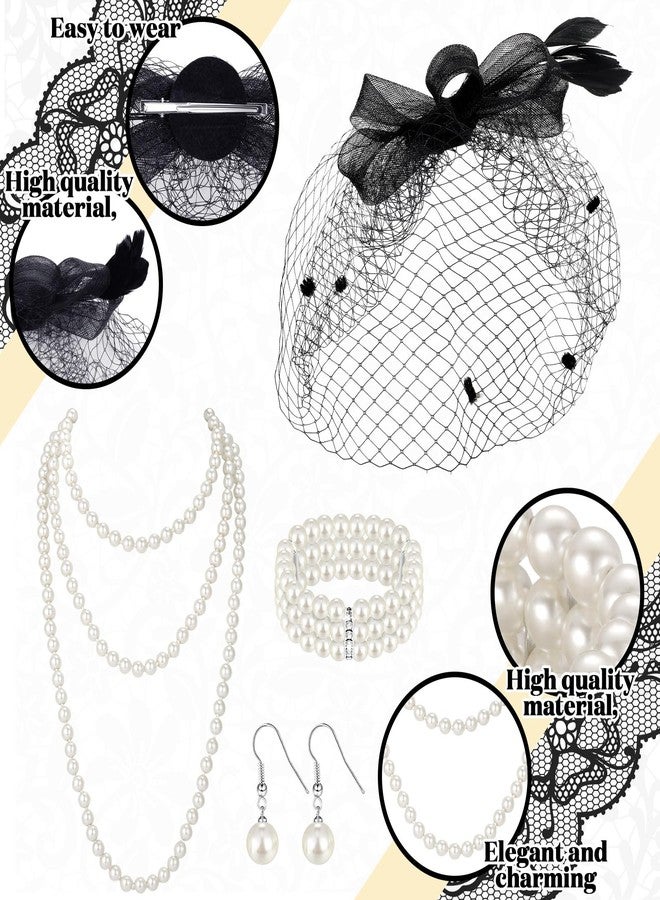 Xaatren Halloween Headdress Veil Feather Hat Fan Satin Glove Pearl Bracelet Earring Necklace Rod Women Party Wedding, As the Pictures Shown, One size - Image 5