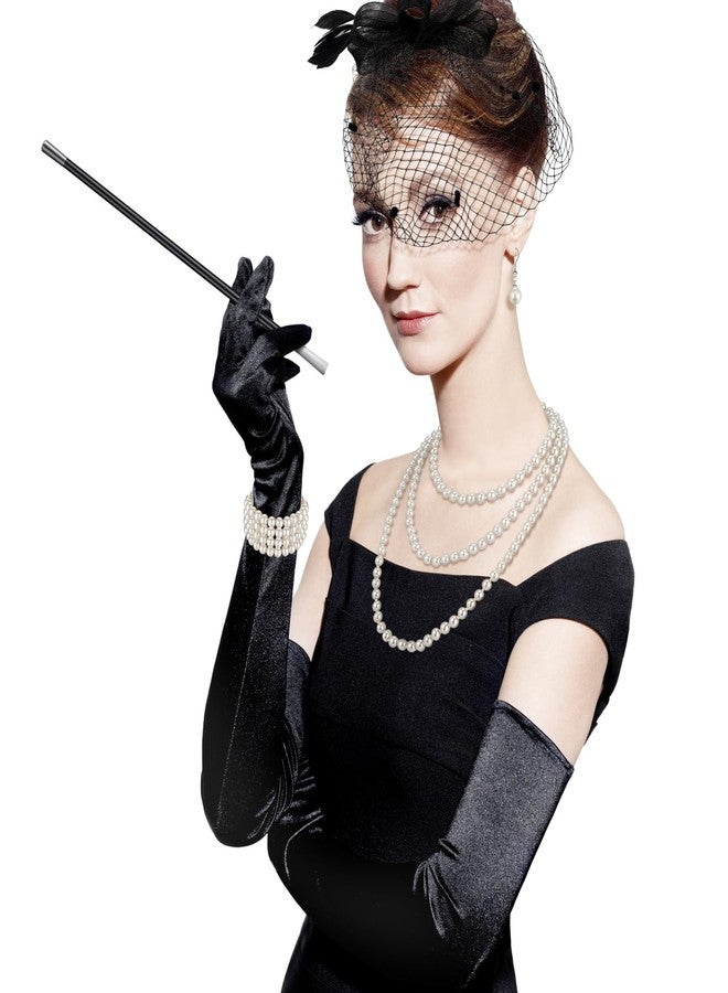 Xaatren Halloween Headdress Veil Feather Hat Fan Satin Glove Pearl Bracelet Earring Necklace Rod Women Party Wedding, As the Pictures Shown, One size - Image 2
