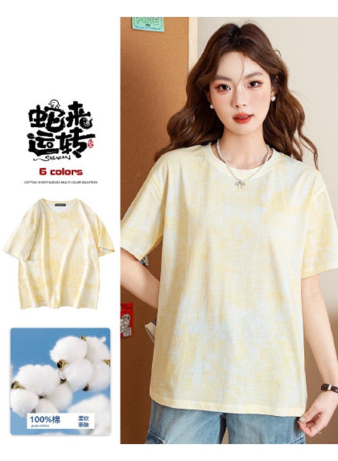 Jeanswest Women's Short Sleeve T-shirt Round Neck Tie-dye Pure Cotton Comfortable Half-sleeve Loose Casual Summer Short Tee Thin Breathable Top - Image 1