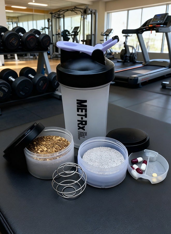 MET-Rx Large Capacity Protein Powder Shaker Cup 500ml with Scale Multifunctional Portable Sports Fitness Water Cup Plastic Water Cup for Protein Mixture, with Powder Storage and Pill Organizer, Very Suitable for Exercise People - Image 3