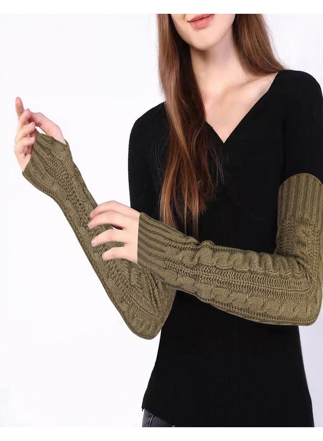 Feelorna Arm Sleeve Winter Warmer, Fingerless Stretchy Gloves Knitted Long Arm Warmers with Thumb Hole for Women (Khaki) - Image 5