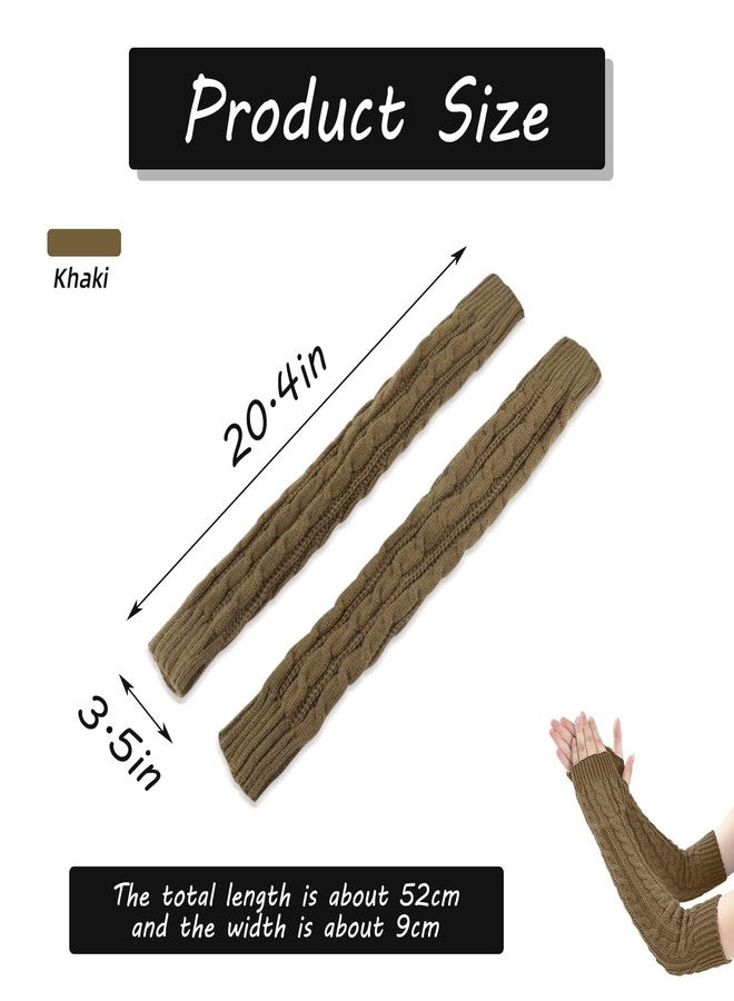 Feelorna Arm Sleeve Winter Warmer, Fingerless Stretchy Gloves Knitted Long Arm Warmers with Thumb Hole for Women (Khaki) - Image 2