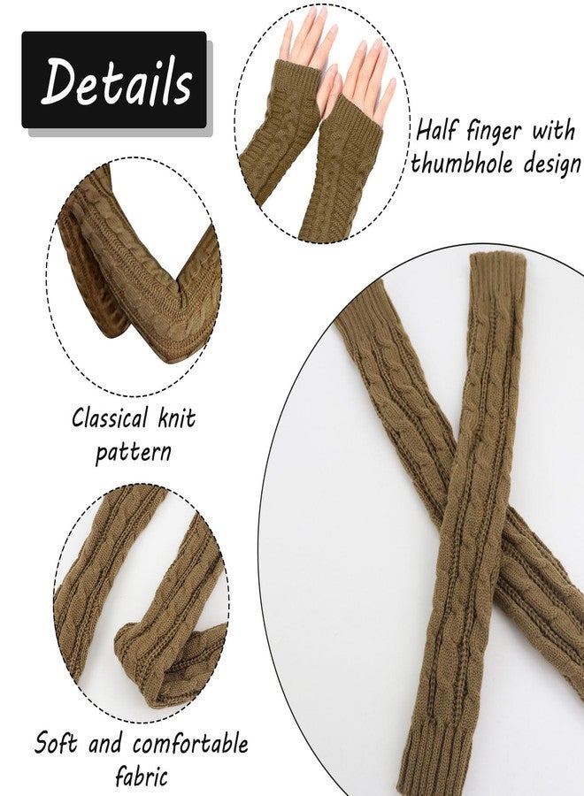 Feelorna Arm Sleeve Winter Warmer, Fingerless Stretchy Gloves Knitted Long Arm Warmers with Thumb Hole for Women (Khaki) - Image 3
