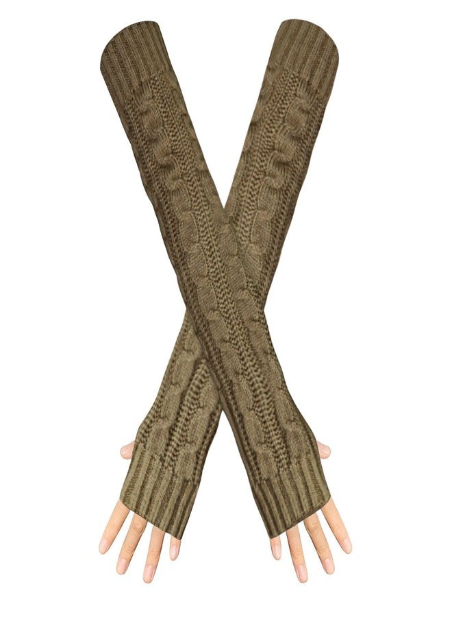Feelorna Arm Sleeve Winter Warmer, Fingerless Stretchy Gloves Knitted Long Arm Warmers with Thumb Hole for Women (Khaki) - Image 1
