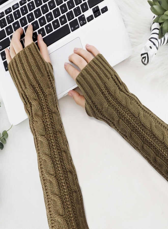 Feelorna Arm Sleeve Winter Warmer, Fingerless Stretchy Gloves Knitted Long Arm Warmers with Thumb Hole for Women (Khaki) - Image 4
