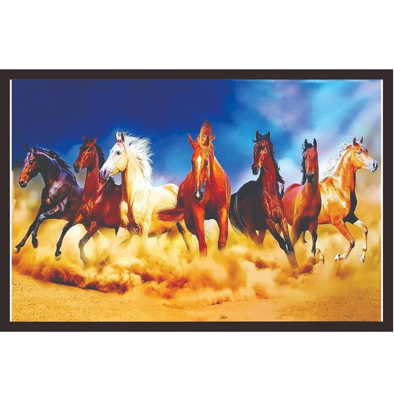 Mad Masters 7 Lucky Running Horses Framed Photo Wall Hanging Home Decor Painting for Living Room Bedroom Decoration 18 x 12 InchPaper