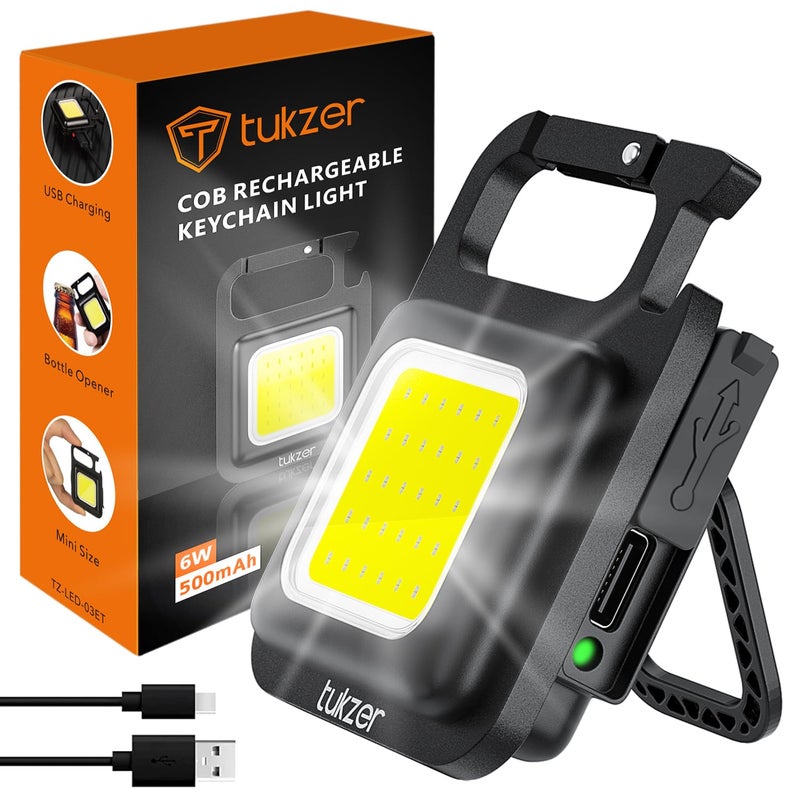 tuKZer Tukzer Mini LED COB Keychain Flashlight, 1000 High-Lumens Bright Emergency Work Light| Type C USB Recharging, 4 Lighting Modes, Carabiner Hook, Bottle Opener, Magnet Base| for Fishing Walking Camping