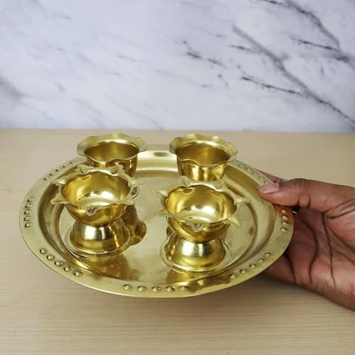 Putrika Brass Puja ThaliSet|Pooja Thali|Arathi|Arathi|Bartan Thambulam Plate|Puja Set|Pooja Plate|ReturnGift|karwa chauth|Wedding|Anniversary[Dia: 17.5cm]- Andra Star Plus Aarti Plate Small - Image 3