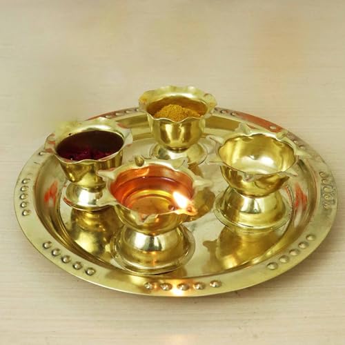 Putrika Brass Puja ThaliSet|Pooja Thali|Arathi|Arathi|Bartan Thambulam Plate|Puja Set|Pooja Plate|ReturnGift|karwa chauth|Wedding|Anniversary[Dia: 17.5cm]- Andra Star Plus Aarti Plate Small - Image 1