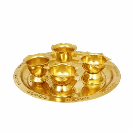 Putrika Brass Puja ThaliSet|Pooja Thali|Arathi|Arathi|Bartan Thambulam Plate|Puja Set|Pooja Plate|ReturnGift|karwa chauth|Wedding|Anniversary[Dia: 17.5cm]- Andra Star Plus Aarti Plate Small - Image 2