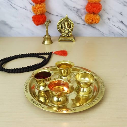 Putrika Brass Puja ThaliSet|Pooja Thali|Arathi|Arathi|Bartan Thambulam Plate|Puja Set|Pooja Plate|ReturnGift|karwa chauth|Wedding|Anniversary[Dia: 17.5cm]- Andra Star Plus Aarti Plate Small - Image 5
