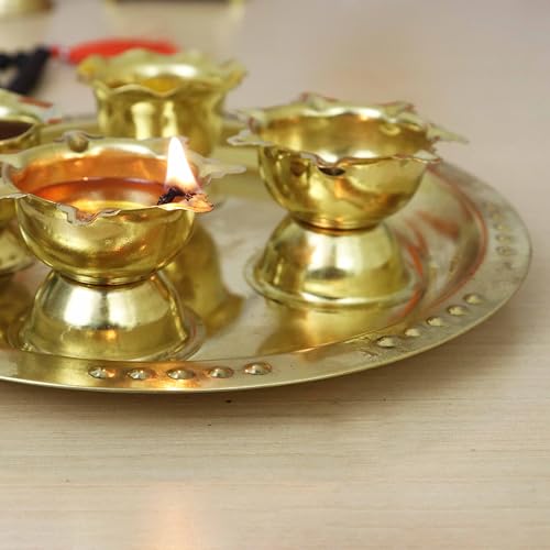 Putrika Brass Puja ThaliSet|Pooja Thali|Arathi|Arathi|Bartan Thambulam Plate|Puja Set|Pooja Plate|ReturnGift|karwa chauth|Wedding|Anniversary[Dia: 17.5cm]- Andra Star Plus Aarti Plate Small - Image 4