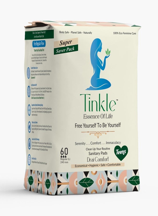 Tinkle Drai-Comfort Teenage Sanitary Pads for Girls | Leak Proof Soft Dry Top Cover | Pack of 60 | Rash Free Period Pads for Teens | Super Absorbent | Small/Regular 240mm - Image 1