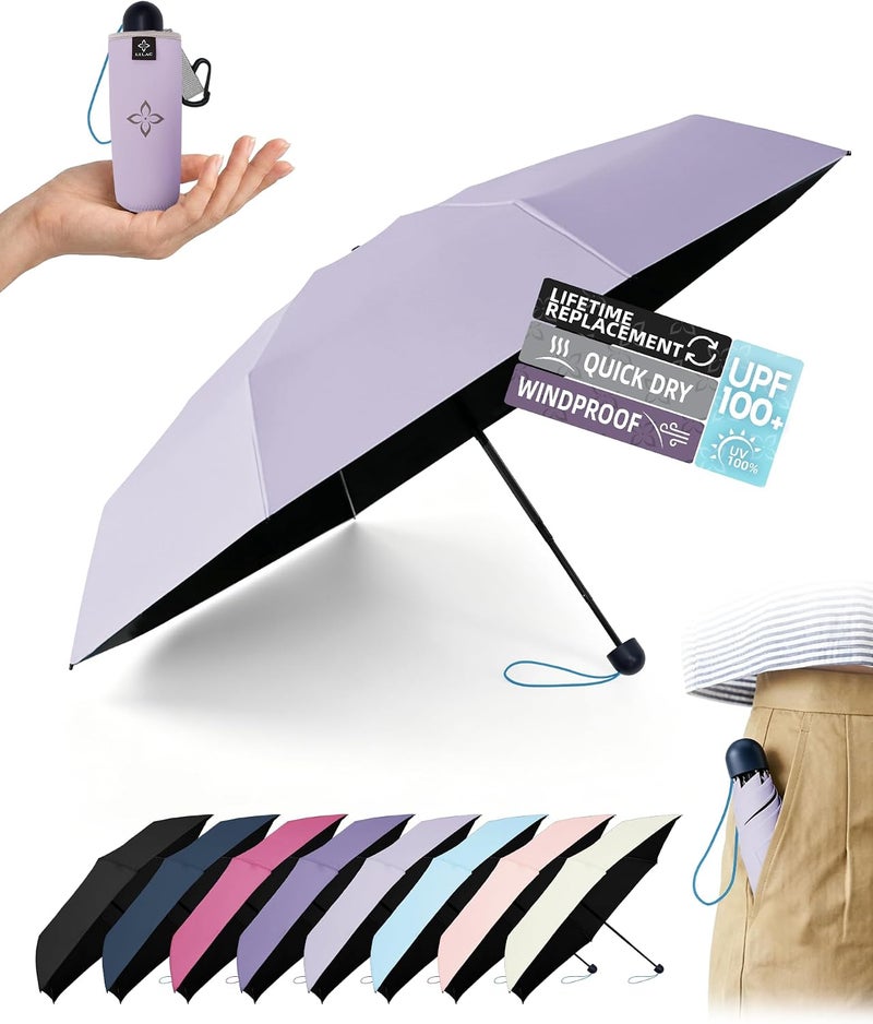 Lilac Mini Umbrella for Travel Compact - UPF 100+ UV Sun Umbrella for Purse Backpack,Super mini Sturdy Pocket Folding Umbrella with Absorbent Sleeve, Heavy Duty Parasol - Image 1