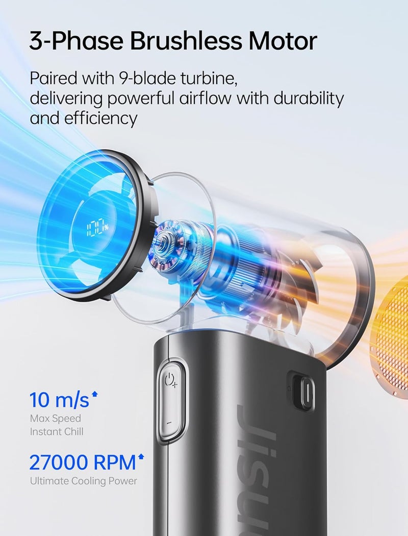 جيسيو لايف مروحة يدوية صغيرة JISULIFE Life9S - كروم أنيق: قوة توربو، تبريد لمدة 22 ساعة، شاشة LED، 5000 مللي أمبير، 5 سرعات، مروحة صغيرة محمولة للسفر والرحلات البحرية والحفلات الموسيقية، هدايا عصرية للرجال والنساء – أسود - Image 5