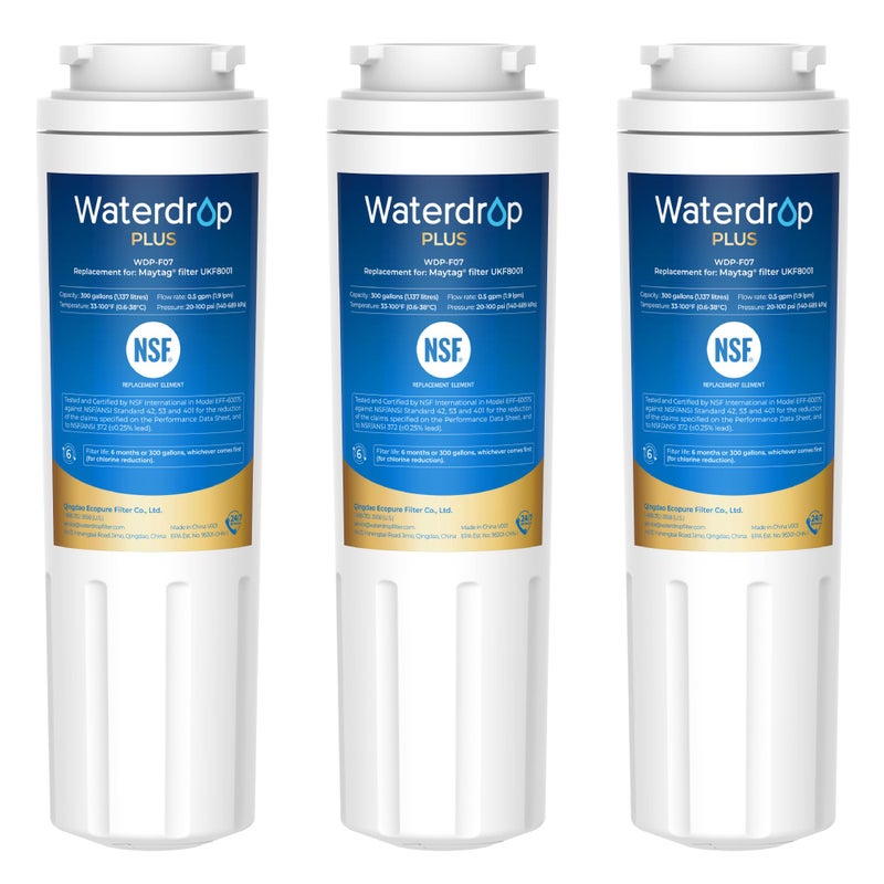 Waterdrop Plus UKF8001 NSF 401,53 Certified Refrigerator Water Filter, Reduce PFAS, Replacement for WhirlpoolÂ® EverydropÂ® Filter 4, EDR4RXD1, MaytagÂ® UKF8001AXX, 3 Filters (Package May Vary) - Image 1