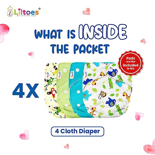 LILTOES 2 Printed & 2 Solid Cloth Diapers for Babies, Washable Reusable, Adjustable Sizes (4 Combo) (No Inserts Included) - Image 3