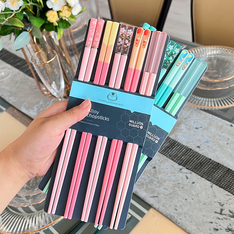 Yousheng Meidi Shuangshihui New Wholesale Kitchen Tableware Household High-Looking Kidsren's One Person and One Chopstick Alloy Chopsticks(Mixed color Morandi Sakura 5 pairs, 24.3cm) - Image 2
