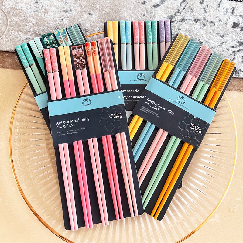 Yousheng Meidi Shuangshihui New Wholesale Kitchen Tableware Household High-Looking Kidsren's One Person and One Chopstick Alloy Chopsticks(Mixed color Morandi Sakura 5 pairs, 24.3cm) - Image 3