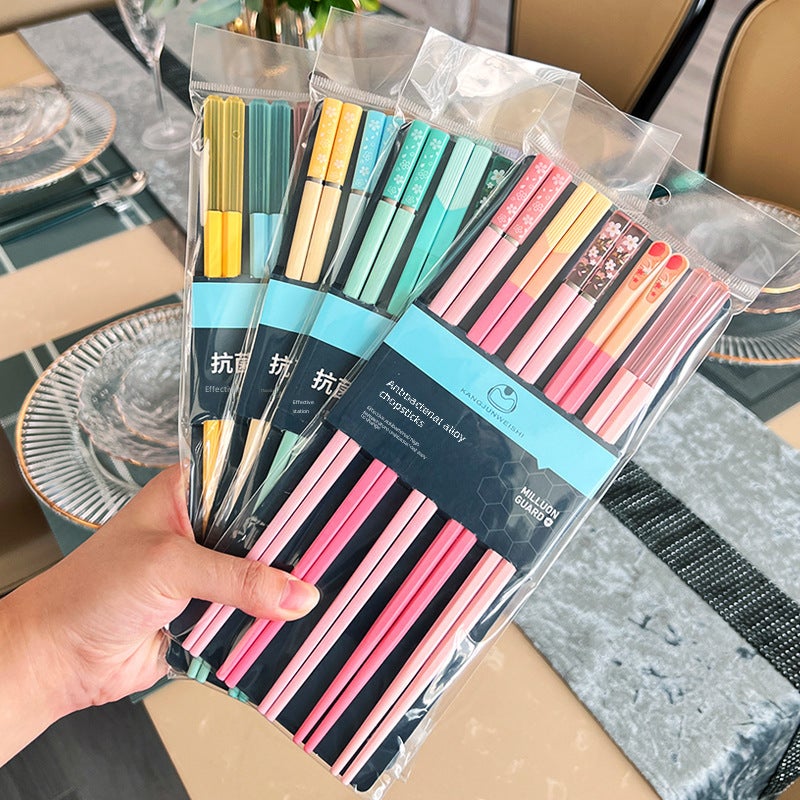 Yousheng Meidi Shuangshihui New Wholesale Kitchen Tableware Household High-Looking Kidsren's One Person and One Chopstick Alloy Chopsticks(Mixed color Morandi Sakura 5 pairs, 24.3cm) - Image 4