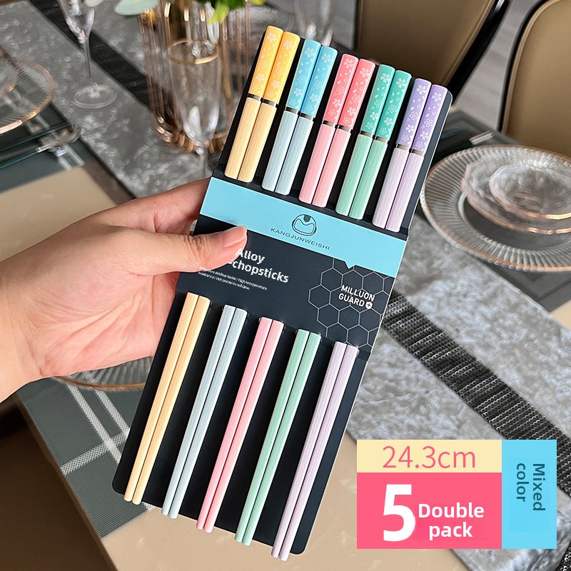 Yousheng Meidi Shuangshihui New Wholesale Kitchen Tableware Household High-Looking Kidsren's One Person and One Chopstick Alloy Chopsticks(Mixed color Morandi Sakura 5 pairs, 24.3cm) - Image 1