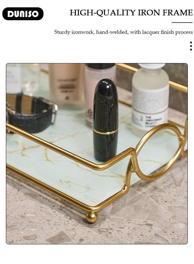 DUNISO صينية تجميل، صينية حمام فاخرة، رف موفر للمساحة، إطار معدني للمكياج، منظم تجميل متعدد الاستخدامات للحمام وغرفة النوم وغرفة المعيشة (أسود ذهبي) - Image 3