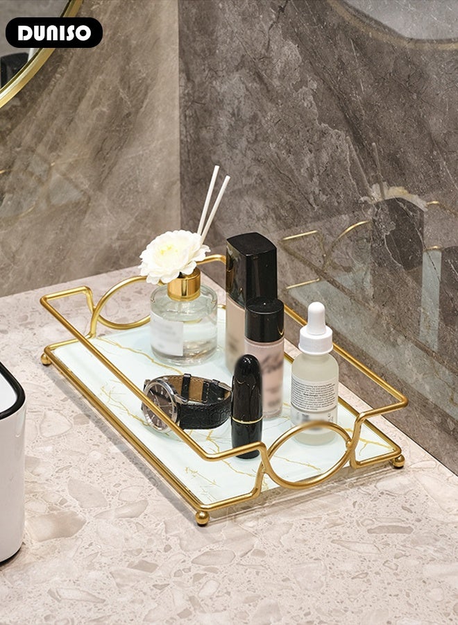 DUNISO صينية تجميل، صينية حمام فاخرة، رف موفر للمساحة، إطار معدني للمكياج، منظم تجميل متعدد الاستخدامات للحمام وغرفة النوم وغرفة المعيشة (أسود ذهبي) - Image 5