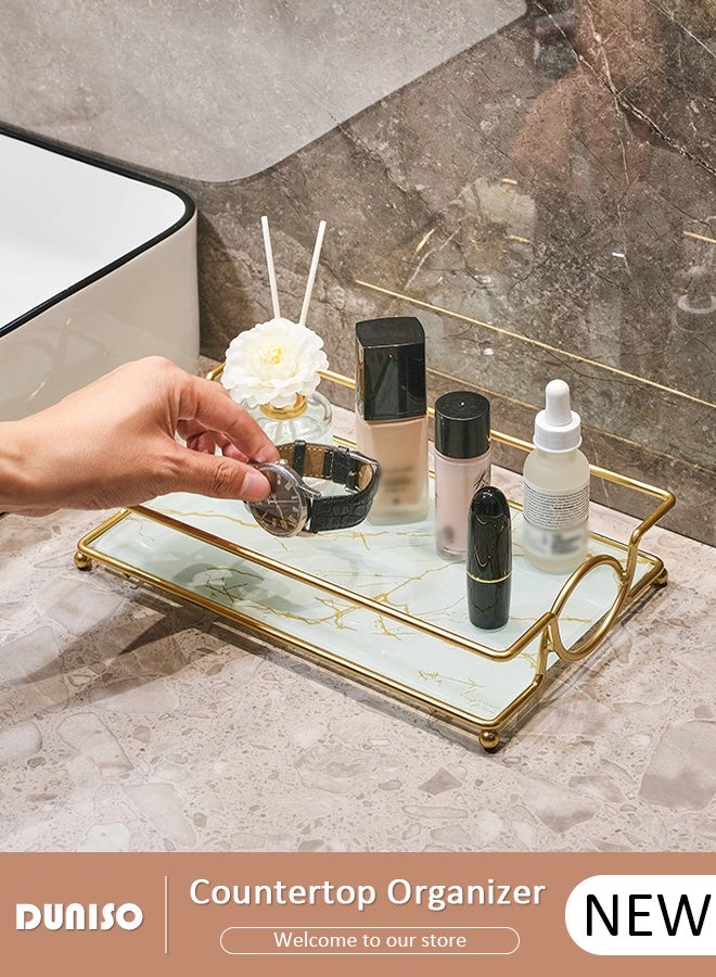 DUNISO صينية تجميل، صينية حمام فاخرة، رف موفر للمساحة، إطار معدني للمكياج، منظم تجميل متعدد الاستخدامات للحمام وغرفة النوم وغرفة المعيشة (أسود ذهبي) - Image 1