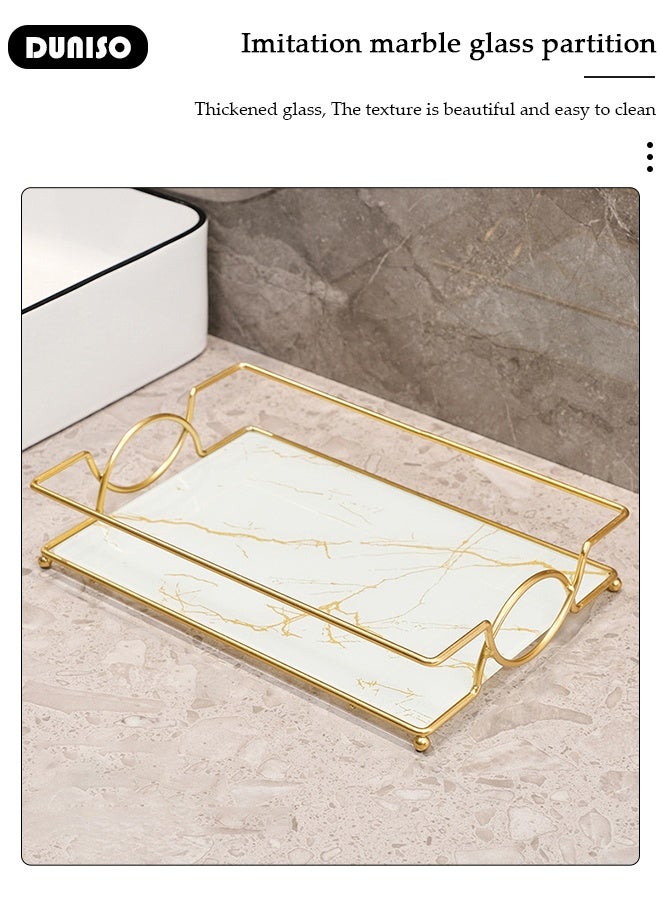 DUNISO صينية تجميل، صينية حمام فاخرة، رف موفر للمساحة، إطار معدني للمكياج، منظم تجميل متعدد الاستخدامات للحمام وغرفة النوم وغرفة المعيشة (أسود ذهبي) - Image 4