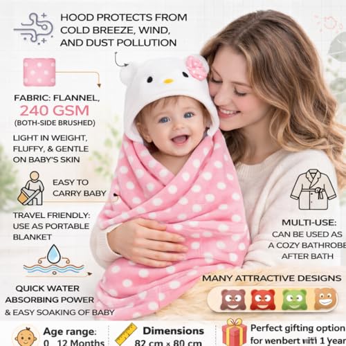 BRANDONN New Born Baby Blanket Pack of Super Soft Bathrobe Wrapper Bath Towel for Boys, Girls, Babies (Pink Polka, Length 82 cm x Width 82 cm, 0-12 Months) - Image 2