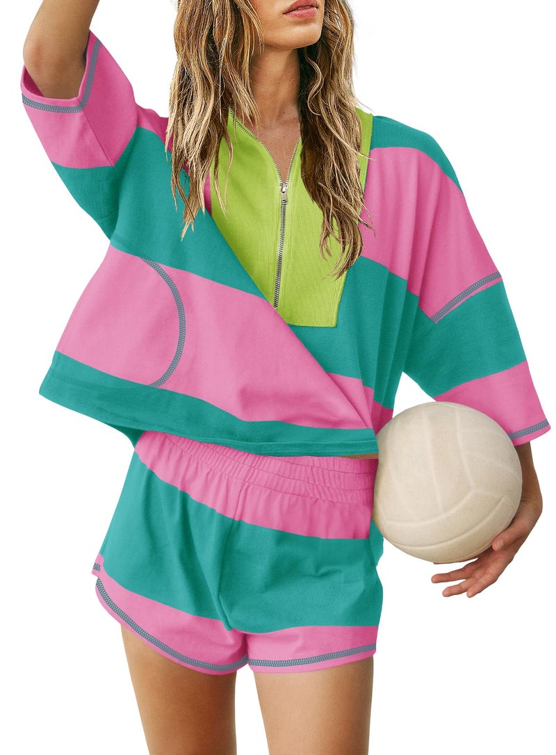 Yanekop Womens 2 Piece Outfits Summer Striped Lounge Set Two Piece Matching Workout Sets Oversized Short Sets Tracksuits(Hot Pink Green,M) - Image 2
