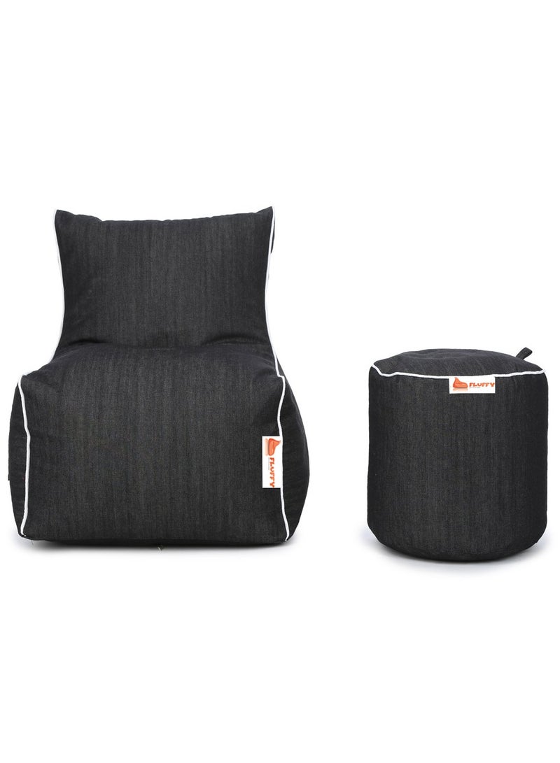 Fluffy Can bean bags Denim Bean Bag with Piping and Footstool Black XXXL - Image 4