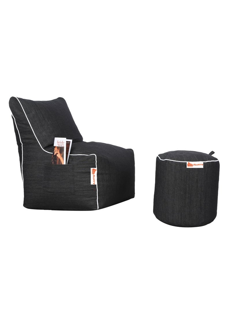 Fluffy Can bean bags Denim Bean Bag with Piping and Footstool Black XXXL - Image 1